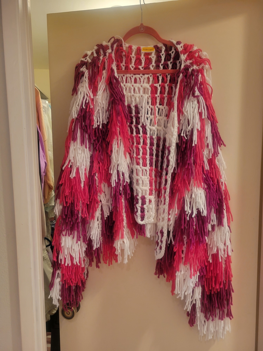 Chunky Fringe Open-Knit Cardigan in Fuchsia, White & Berry